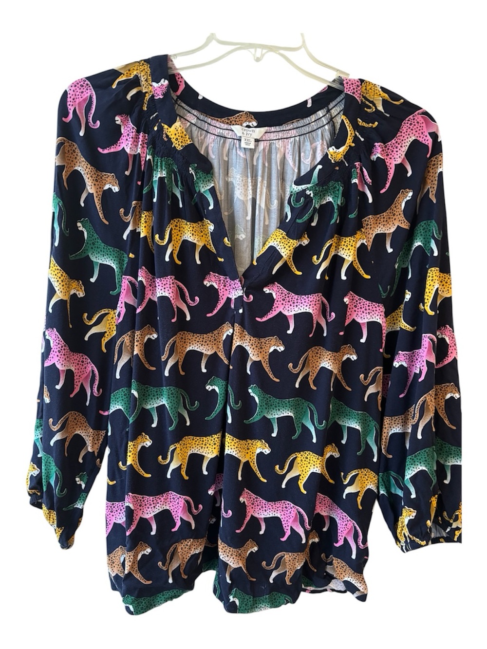 2X Croft & Barrow Navy Leopard Print Blouse with Pink, Green & Yellow Cats